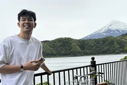 Rock smiling by Mount Fuji in Japan